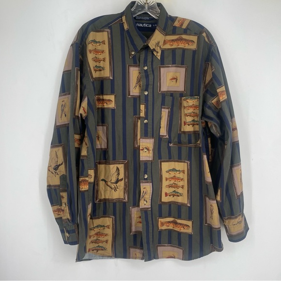 Vintage 90s Nautica Fish Duck Hunter Outdoor Button Up Long Sleeve Shirt Mens L - Picture 1 of 3
